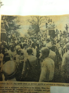 "Students fly U.S. flag upside down as a distress signal at entrance of University o fMaryland (sic)." Is the original caption. In the article, other students reverse this decision and return the flag to proper staff.