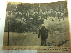 "Demonstrators spill off College Park campus to block Rte. 1 and set fire to an overturned air compressor."
