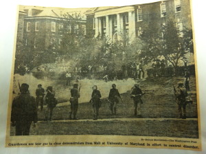 "Guardsmen use tear gas to clear demonstrators from Mall at University of Maryland in effort to control disorder."