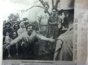 "Students taunt police on the university campus."