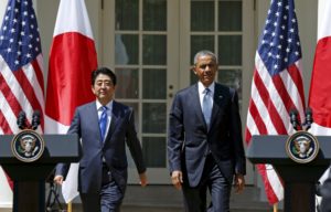U.S. President Barack Obama and Japanese Prime Minister Shinzo Abe at the White House, April 28, 2015. REUTERS/Kevin Lamarque/File Photo (source)